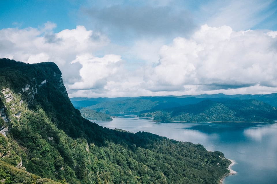 Lake Waikaremoana and the bluff as seen from the track of the great walk. © Leonie Wise